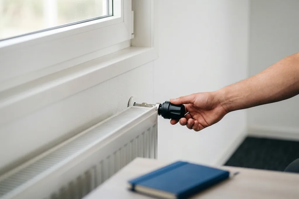 Close-up van een hand die de radiatorkraan bijstelt naast een raam in een modulaire kantoorunit